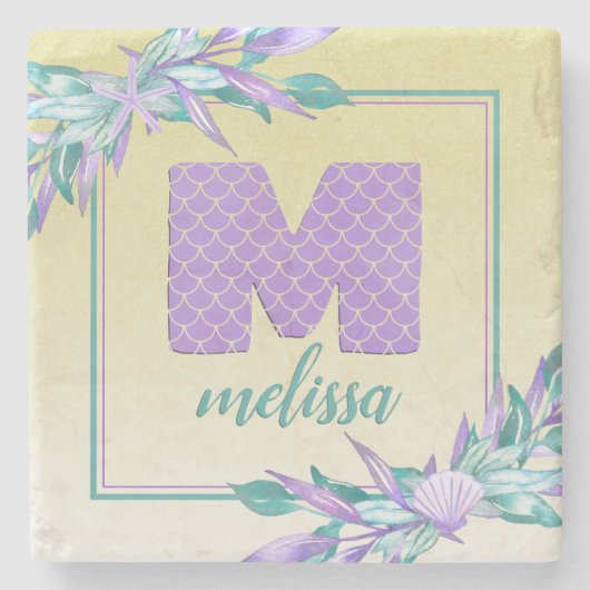 マーメイドグラデーションパープルはかりで測ウォーターカラーモノグラム ストーンコースター (正面)