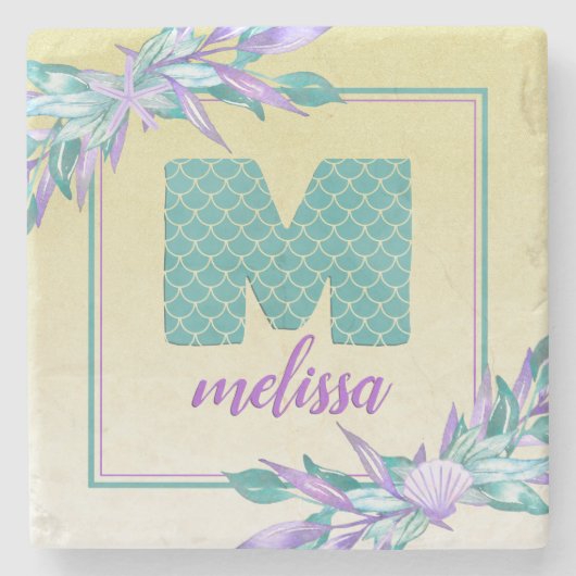 マーメイドグラデーションモノグはかりで測ラム |水彩フローラ ストーンコースター (正面)