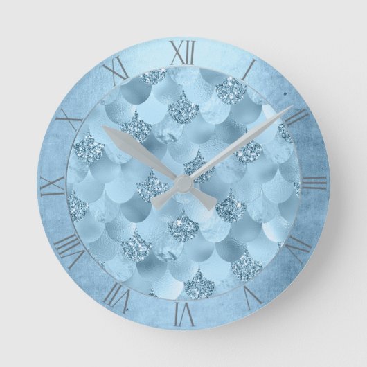 マーメイドグラムスケール |ほこりっぽいアイスブルーシェン光沢 ラウンド壁時計 (正面)