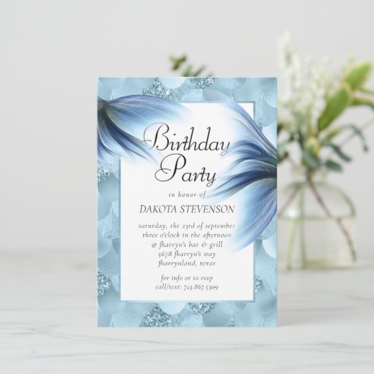 マーメイドグラムテール |埃っぽいアイスブルー光沢誕生日 招待状 (スタンド正面)