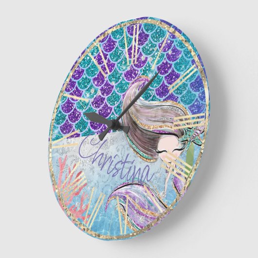 マーメイドグリッターイラストレーションとテールはかりで測 ラージ壁時計 (傾斜)