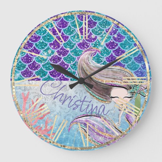 マーメイドグリッターイラストレーションとテールはかりで測 ラージ壁時計 (正面)