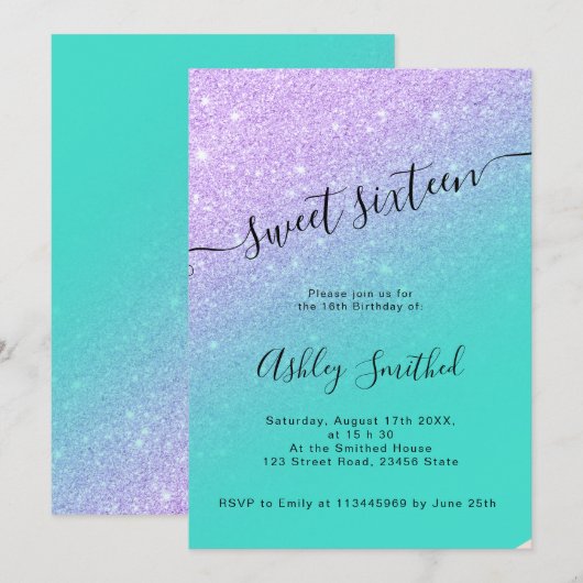 マーメイドグリッターターコイズオンブレチックスウィート16 招待状 (正面/裏面)
