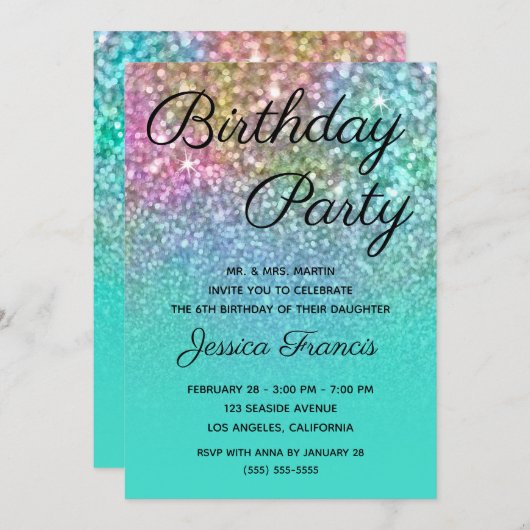 マーメイドグリッターターコイズグラデーションバースデーパーティー 招待状 (正面/裏面)