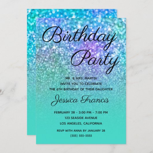 マーメイドグリッターターコイズブルーグラデーション誕生日 招待状 (正面/裏面)