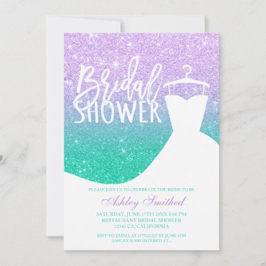 マーメイドグリッターパープルティール(緑がかった色)ドレスブライダルシャワー 招待状 (正面)