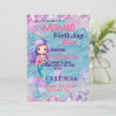 マーメイドグリッターピンクパープルガールズバースデーパーティー 招待状 (スタンド正面)