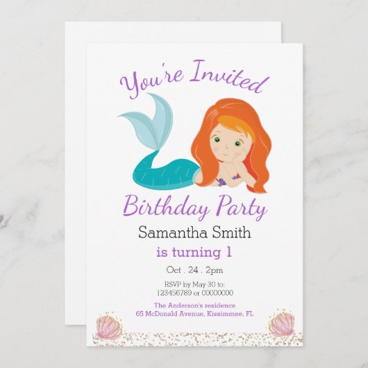マーメイドグリッター女神バースデーパーティー 招待状 (正面/裏面)