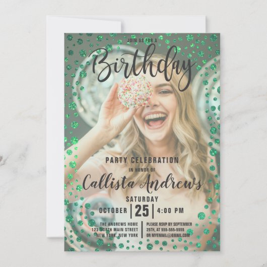 マーメイドグリーングリッター紙吹雪フォト誕生日 招待状 (正面)