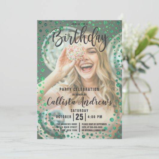 マーメイドグリーングリッター紙吹雪フォト誕生日 招待状 (スタンド正面)