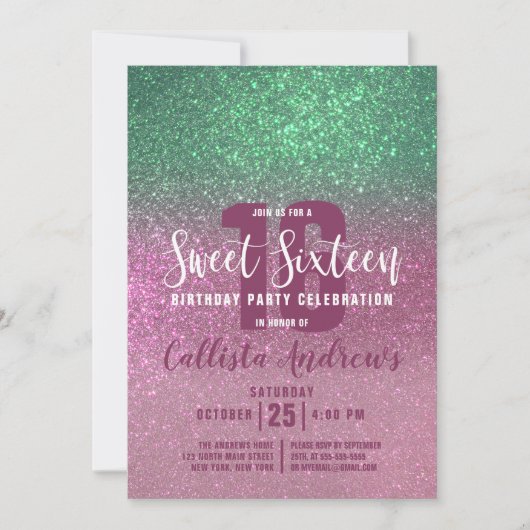 マーメイドグリーンピンクトリプルグリッターグラデーションスウィート16 招待状 (正面)