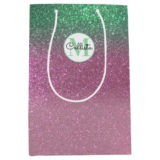 マーメイドグリーンベリーピンクグリッターモノグラム ミディアムペーパーバッグ (正面)