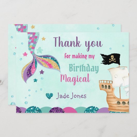 マーメイドサンキューカード、マーメイド誕生日カード、 招待状 (正面/裏面)