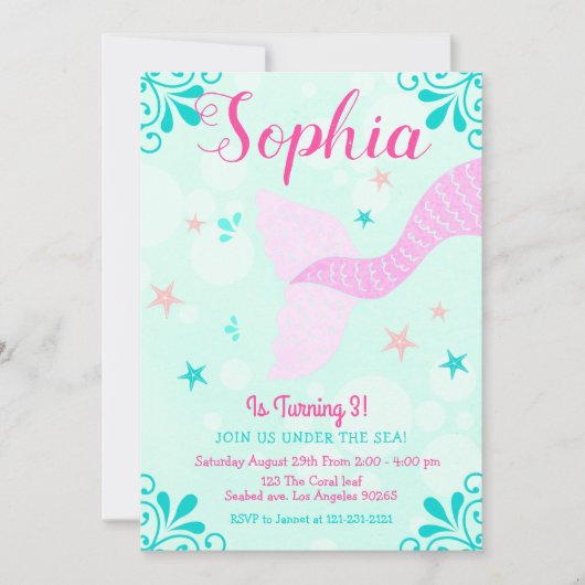 マーメイドザシーアクアティール（緑がかった色）スプラッシュ誕生日 招待状 (正面)