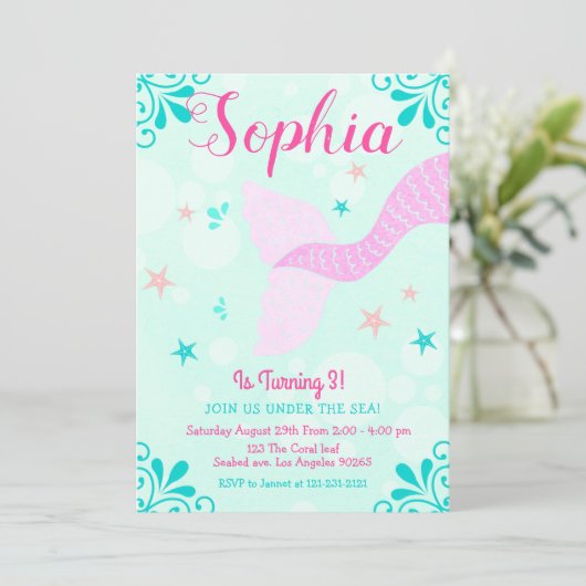 マーメイドザシーアクアティール（緑がかった色）スプラッシュ誕生日 招待状 (スタンド正面)