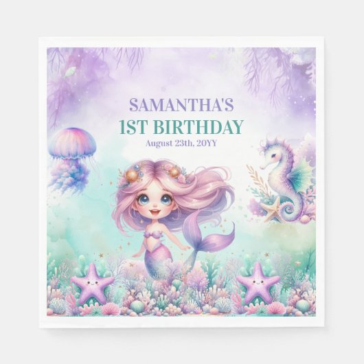 マーメイドザシーパープルとティール(緑がかった色)1歳の誕生日 スタンダードランチョンナプキン (正面)