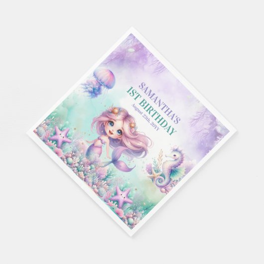 マーメイドザシーパープルとティール(緑がかった色)1歳の誕生日 スタンダードランチョンナプキン (角)