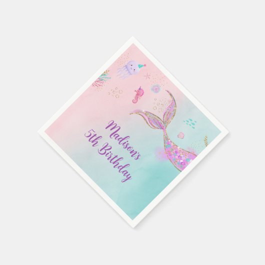 マーメイドザシーピンクパープル誕生日 スタンダードカクテルナプキン (角)