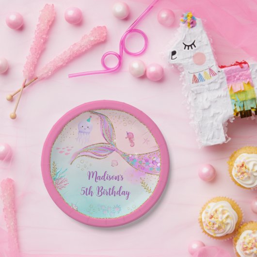 マーメイドザシーピンクパープル誕生日 ペーパープレート (パーティー)