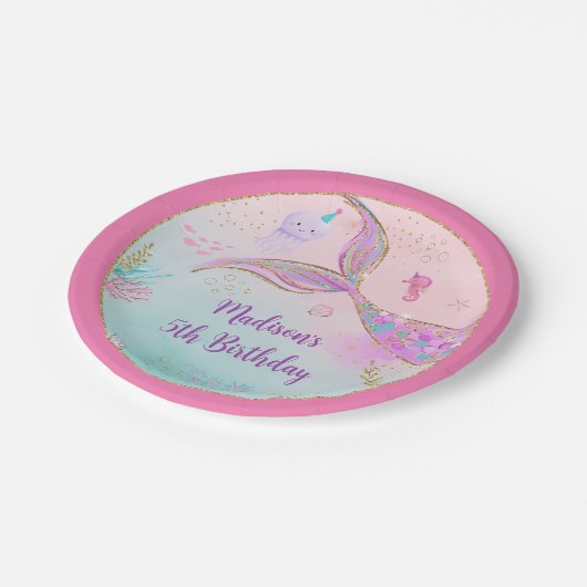 マーメイドザシーピンクパープル誕生日 ペーパープレート (アングル)