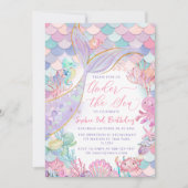 マーメイドザシーピンクパープル誕生日 招待状 (正面)