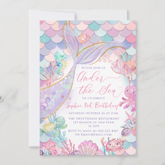 マーメイドザシーピンクパープル誕生日 招待状 (正面)