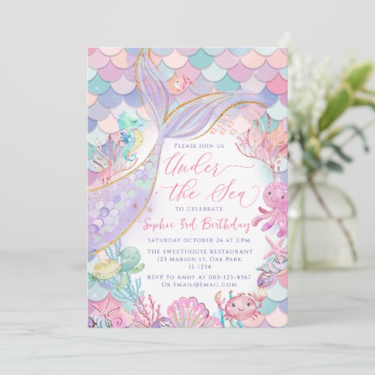 マーメイドザシーピンクパープル誕生日 招待状 (スタンド正面)