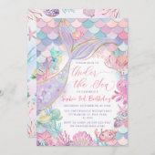 マーメイドザシーピンクパープル誕生日 招待状 (正面/裏面)