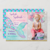 マーメイドザシーピンク金ゴールド誕生日 招待状 (正面/裏面)