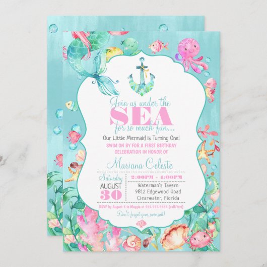 マーメイドザシーファースト航海の誕生日 招待状 (正面/裏面)