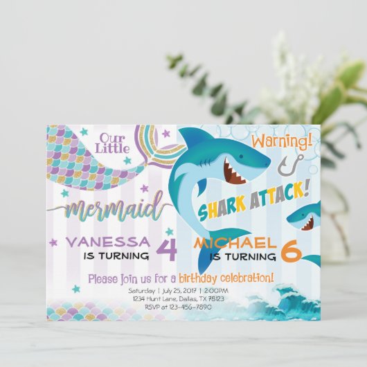 マーメイドシャークバースデーパーティー招待兄弟姉妹 招待状 (スタンド正面)