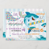 マーメイドシャークバースデーパーティー招待兄弟姉妹 招待状 (正面/裏面)
