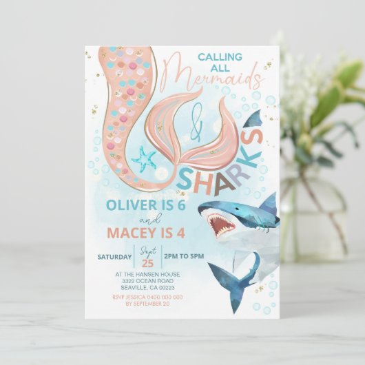 マーメイドシャーク誕生日招待状ジョイント誕生日 招待状 (スタンド正面)
