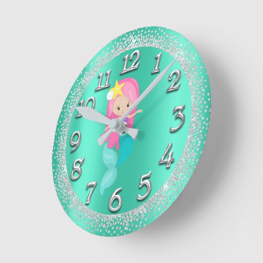 マーメイドシルバーアクアクリスタル紙吹雪グリッターピンク ラウンド壁時計 (傾斜)