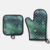 マーメイドシルバーティール（緑がかった色）グリーン海グリッツ 鍋つかみ&鍋敷きセット (正面)