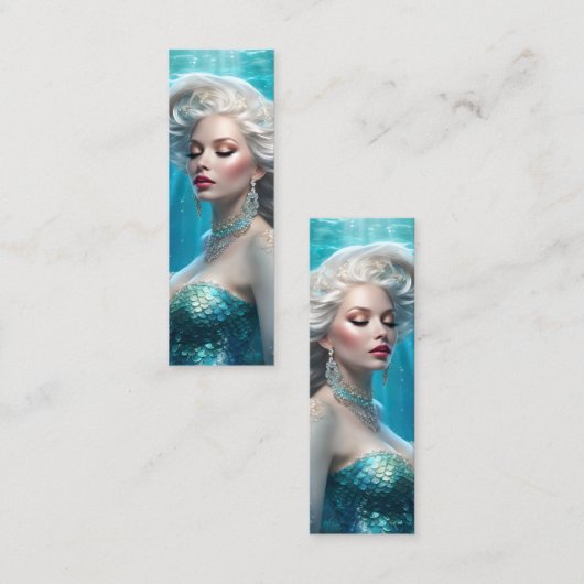 マーメイドシルバーヘアターコイズ海ミニブックマーク スキニー名刺 (正面/裏面)