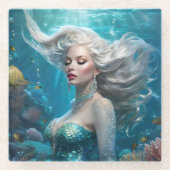 マーメイドシルバーヘアターコイズ海 ガラスコースター (正面)