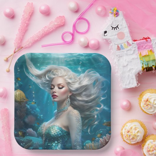 マーメイドシルバーヘアターコイズ海 ペーパープレート (パーティー)