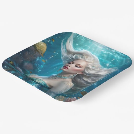 マーメイドシルバーヘアターコイズ海 ペーパープレート (傾斜あり)