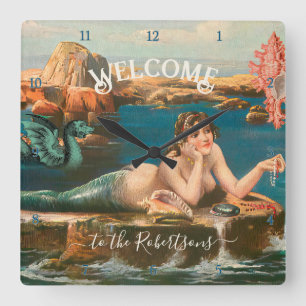 マーメイドシーショアシェルズシーヴィンテージビーチハウス スクエア壁時計