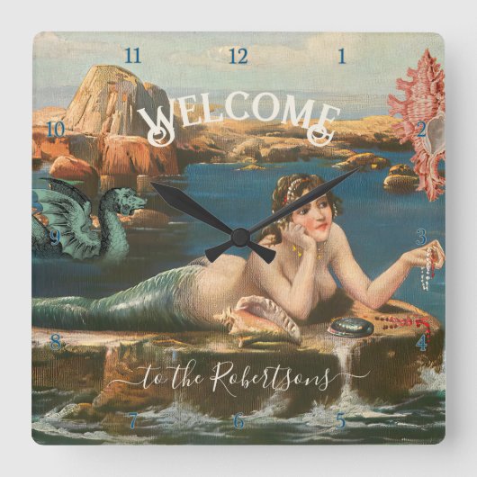マーメイドシーショアシェルズシーヴィンテージビーチハウス スクエア壁時計 (正面)