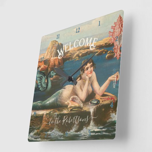 マーメイドシーショアシェルズシーヴィンテージビーチハウス スクエア壁時計 (傾斜)