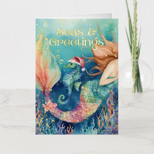 マーメイドシーホースサンタシー航海のクリスマス 箔シーズンカード (正面)