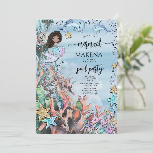 マーメイドシーホースピンクブルー誕生日プールパーティー 招待状 (スタンド正面)