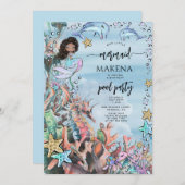 マーメイドシーホースピンクブルー誕生日プールパーティー 招待状 (正面/裏面)