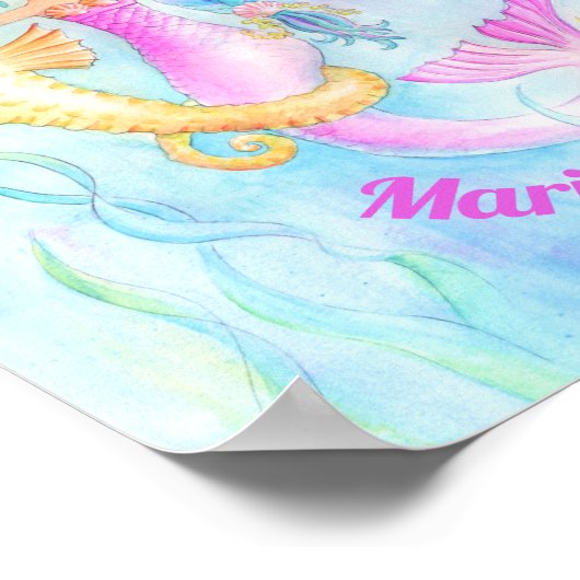 マーメイドシーホース水彩画名前をカスタムする ポスター (角)