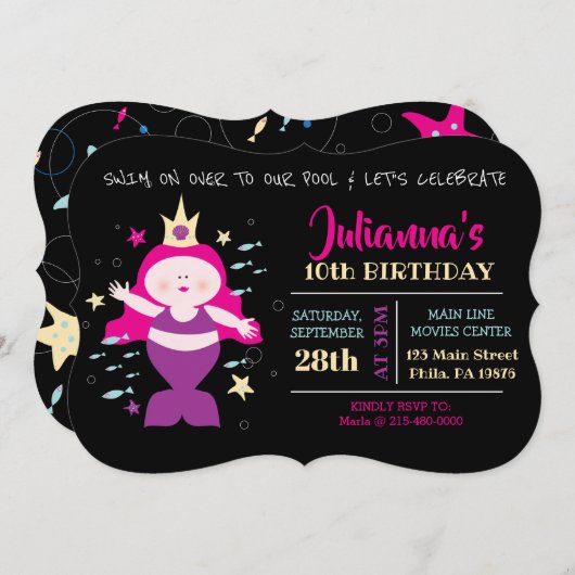 マーメイドスイムプールパープルシーライフ誕生日パーティー 招待状 (正面/裏面)