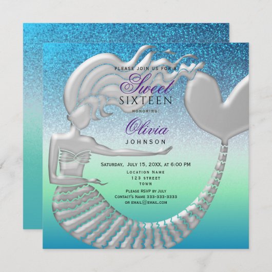 マーメイドスウィート16誕生日 招待状 (正面/裏面)