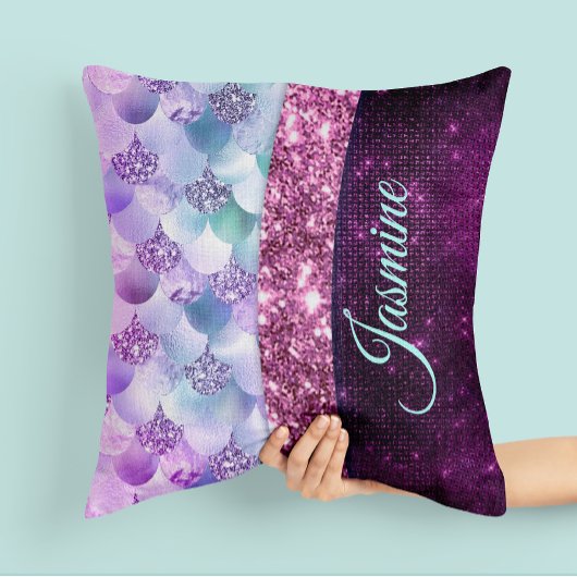 マーメイドスキンピンクシルバーフェイクグリッターモノグラム クッション