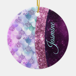 マーメイドスキンピンクシルバーフェイクグリッターモノグラム セラミックオーナメント